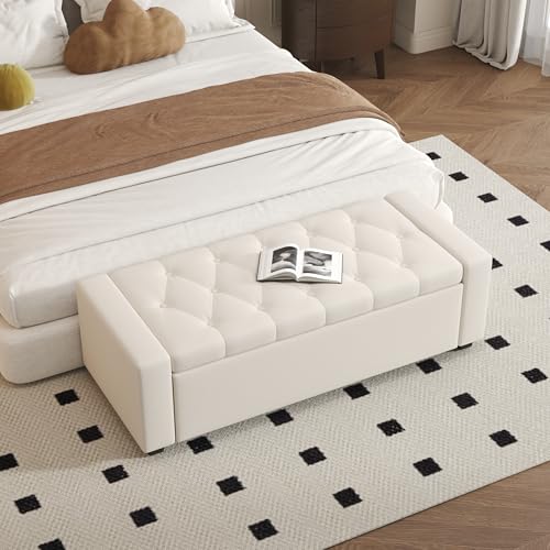 Ottoman with Storage Bench,Large Storage Ottoman Entryway Benches Ottoman Bench with Cushion and Safety Hinge - color: Beige