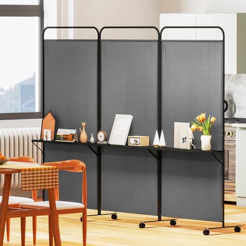 Giantex 3 Panel Room Divider with Wheels and Shelves, 103" W x 74" H Folding Privacy Screen, Rolling Partition Separator for Home Office Studio, Fabric Wall Divider for Room Separation (Gray) - color: Grey