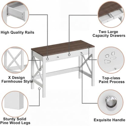 ChooChoo 40 Inches Farmhouse Computer Desk with 2 Drawers | Wooden Writing Desk, Study Desk for Home Office, Makeup Vanity, Soft White - color: Soft White, size: 40inch without Power Outlet