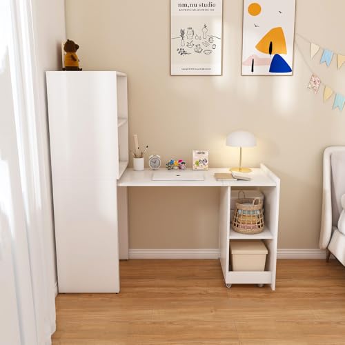 Fold Out Desk with Storage Shelves & Mobile Wheels | Convertible Pull-Out Murphy Desk for Small Spaces | Hidden Writing Computer Desks for Home Office, Apartment & Bedroom - color: White-