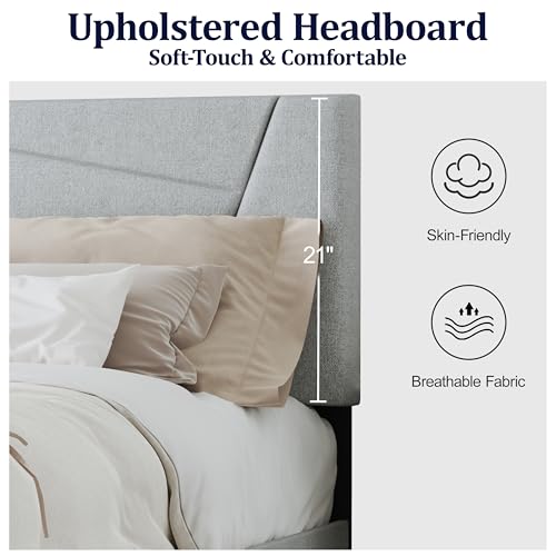 Queen Size Upholstered Bed Frame Frame with Headboard，Velvet Grey | Geometric Head Board Platform Bed, Sturdy Wooden Slats, Noiseless No Box Spring Required, Easy to Assemble - color: Light Gray, size: Queen