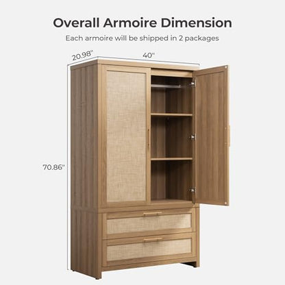 SICOTAS Rattan Armoire Wardrobe Closet : 71 inch Wardrobe with Drawers | Farmhouse Boho Storage Cabinet with Hanging Rod, Large-Capacity Deep Armoire Clothes Organizer for Bedroom, Cloak Room