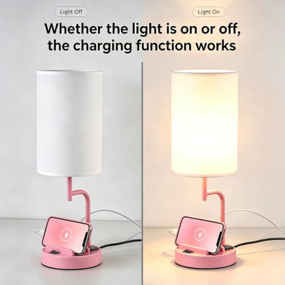 Dreamholder 2 Pack Table Lamp, Bedside Lamp with 3 USB Charging Ports & AC Outlet, USB Desk Lamp with 2 Phone Holders, Linen Fabric Shade Nightstand Lamps for Bedroom Living Room Office, Baby Pink - color: Baby Pink