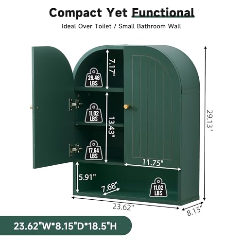Arched Wall Mounted Medicine Cabinet, 23.5" Bathroom Cabinet with Double Doors, Fluted Grooved Design & Soft-Close Hinges, Over the Toilet Storage with Adjustable Shelf for Small Spaces (Green)