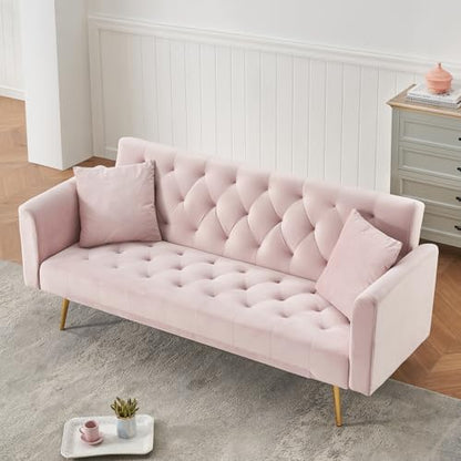 71" Modern Velvet Sofa Bed Futon, Convertible Sleeper Couch, Adj. Backrest | Tufted Recliner Loveseat Design with Golden Chrome Legs & 2 Pillows, Perfect for Small Spaces, Living Room, Apartment - color: Pink