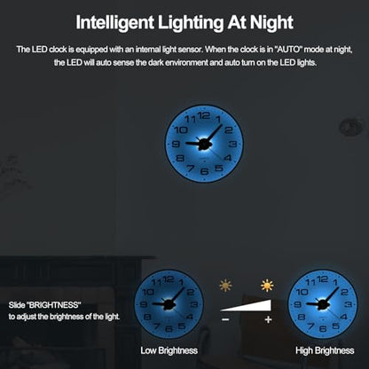 JoFomp Lighted Wall Clocks Battery Operated, 8 Inch Small Wall Clock for Bedroom Night Glow, Night Light Wall Clock Silent, Glow in Dark Wall Clocks for Living Room Decor, Light Sensor - Auto Lighting - size: 8 Inch