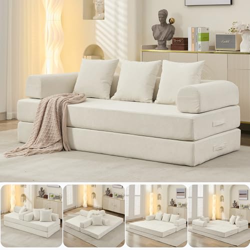 Convertible Folding Sofa Bed Modular Floor Couch, 78.8‘’ Cloud Sleeper Sofa with Removable Backrest, Chenille Foldable Mattress Couch, Lazy Loveseat for Small Space, Apartment, Bedroom, Beige - color: #3-beige