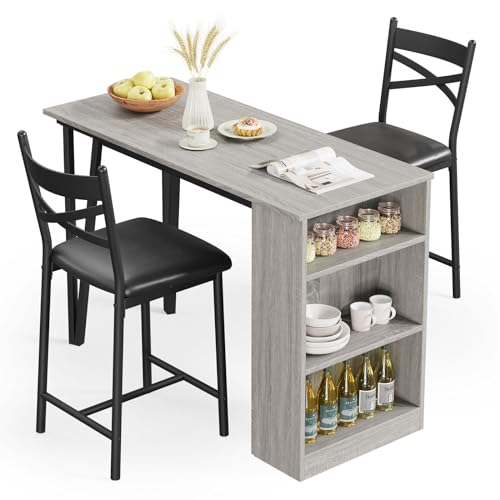IDEALHOUSE Dining Table Set for 2, Expandable Kitchen Bar Table and Chairs for 2, 3 Piece Counter Height Top Dining Table Set with Upholstered Chairs Storage for Small Space, Grey - color: Grey