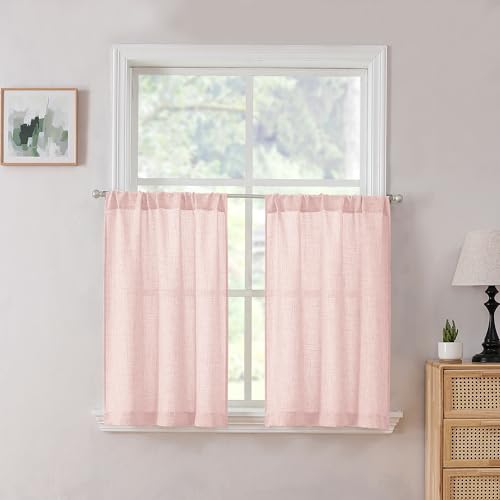 Tollpiz Short Linen Tier Curtains Rod Pocket Semi Sheer Half Kitchen Curtain Burlap Light Filtering Thick Linen Drapes for Bathroom, 30 x 24 inches Long, Pink, Set of 2 Panels - color: Pink, size: 30"W x 24"L (Pack of 2)