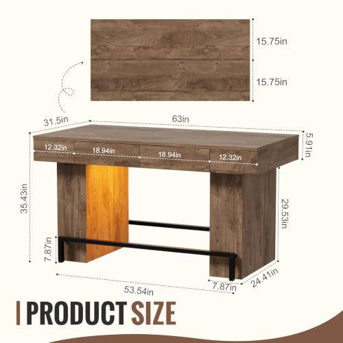 PAKASEPT 63" Bar Table, Rectangular Counter Height Pub Table with 4 Drawers and LED Lights, Large Wooden Counter Height Kitchen Island for Home Bar, Dining Room, Restaurant