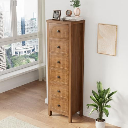 52.55" Tall 6 Drawer Dresser, Wood Chest of Drawers with Fluted Panel | Slim Storage Organizer with Anti-Tipfor Kit Small Spaces,Multipurpose Cabinet for Bedroom, Closet, Hallway, Nursery,Walnut, - size: 11.8"D x 15.7"W x 52.6"H (6 Drawers)
