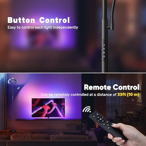 Upgraded RGBCW Floor Lamp with Reading Lamp, Rotatable Remote Control LED Standing Lamp Dimmable Floor Light Modern Standing Light for Living Room Bedroom Home Office, 36W, Black - color: RGB (Red, Green, Blue)