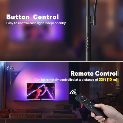 Upgraded RGBCW Floor Lamp with Reading Lamp, Rotatable Remote Control LED Standing Lamp Dimmable Floor Light Modern Standing Light for Living Room Bedroom Home Office, 36W, Black - color: RGB (Red, Green, Blue)
