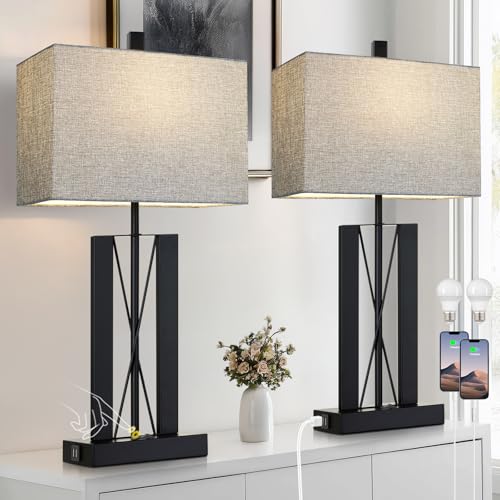 Lolikit 25" Table Lamps Set of 2, Modern Table Lamp for Living Room with 2 USB Charging Ports, Nightstand Geometric Industrial Bedside Lamp with Gray Shade for Bedrooms End Table Decor, Bulbs Included - color: Gray - 25"H