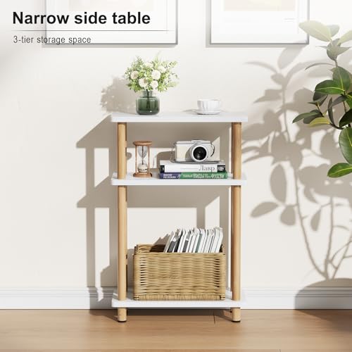Apicizon Small Narrow Side Table, 3-Tier End Table, White Natural | Sofa Side Table, Slim End Table, Wood Storage Shelf, Slim Nightstand Bedside Table for Narrow Spaces, Living Room, Bedroom - color: White and Natural, style: Narrow Side Table