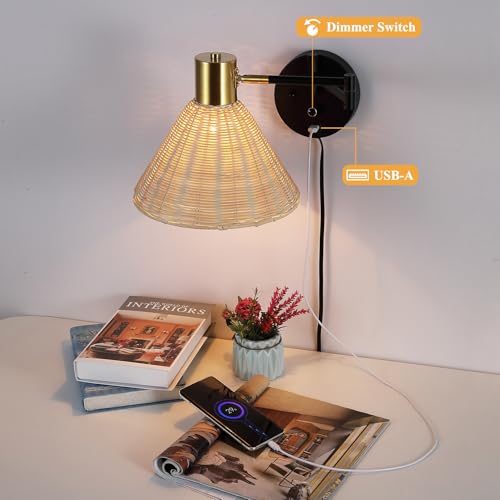Plug in Rattan Wall Sconce Swing Arm Wall Lamp with USB Port and Dimmer Switch Hand-Woven Boho Rattan Wall Mounted Lamp Suitable for Hallway Bedroom Living Room.Balck - color: Black+Rattan Shade