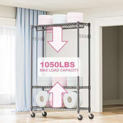 M MZG Heavy Duty Rolling Garment Rack 3 Tiers Adjustable Wire Shelving Clothes Rack with 1 Rods and Side Hooks,Storage Closet Clothing Rack with Wheels Black 15.7" D x 45.3" W x 75.6" H - color: Black, size: 3 Tier and 1 Rod 15.7"D x 45.3"W x 75.6"H