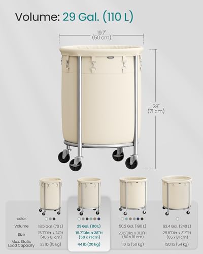 SONGMICS Laundry Basket, Rolling Steel Frame with 2 Locking Wheels, 110 L | Heavy-Duty Laundry Hamper Cart with Removable Bag, Cream White and Metallic Silver, URLS002W01 - color: Cream White + Metallic Silver, size: 110 L (1-Section)
