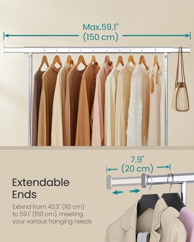 SONGMICS Clothes Rack with Wheels, Heavy-Duty Garment Rack with Extendable Hanging Rod, 286.6 lb Load Capacity, 17.7 x (43.3-59.1) x 64.1 Inches, Chrome-Plated, Silver UHSR11S - color: Silver, size: (43.3"-59.1")W