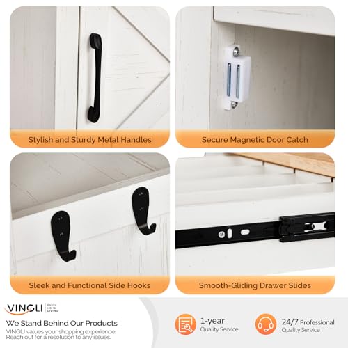 VINGLI Small Kitchen Island on Wheels, Microwave Cart with Drawer & Storage, Barn Door Coffee Station Stand with Hooks & Shelves, Unique White - size: 33"