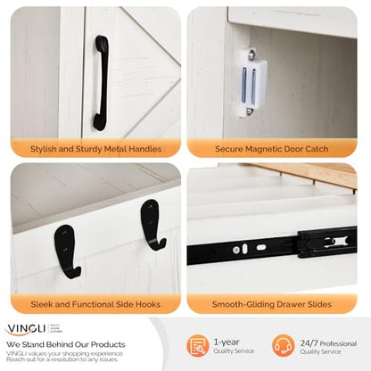 VINGLI Small Kitchen Island on Wheels, Microwave Cart with Drawer & Storage, Barn Door Coffee Station Stand with Hooks & Shelves, Unique White - size: 33"