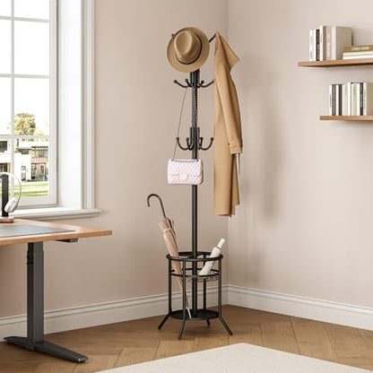 ELYKEN Coat Rack Freestanding, Metal Coat Rack with Umbrella Holder | 12 Hooks, Round Base, Heavy Duty Floor Standing Coat Tree for Entryway, Hallway, Living Room, Bedroom, Office, Black - color: Black