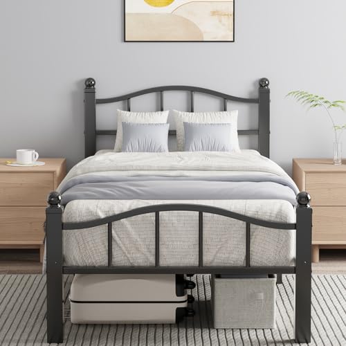 Metal Twin Bed Frames with Headboard | Noise-Free Design, 12" Underbed Storage, 1500 LBS Heavy Duty with Headboard, No Box Spring Needed, Tool-Free Assembly - color: Twin Black