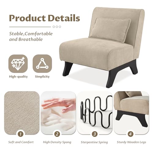 Armless Accent Chair Upholstered Comfy Modern Living Room Side Chair | Comfy Small Accent Lounge Chair with Pillow & Wooden Legs Accent Chair for Living Room Bedroom Farmhouse Reading Brown - color: Brown