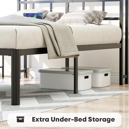 YORMDMO Twin Bed Frame - Heavy Duty Metal Bedframe with Storage Headboard Charging Station, Easy Assembly, No Box Spring Needed, 18 Inch, Black