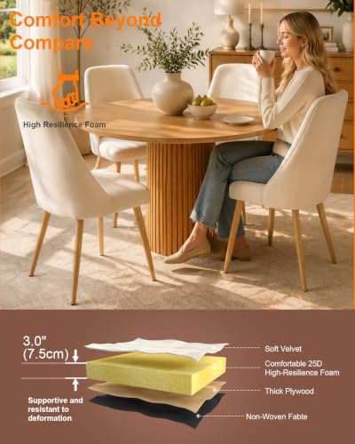 Set of 2 Mid-Century Dining Chairs High Back Beige Velvet Upholstered Modern Farmhouse Kitchen Chairs with Sturdy Metal Legs, Ergonomic Armless Accent Chairs for Dining Room/Living Room/Apartment - color: White