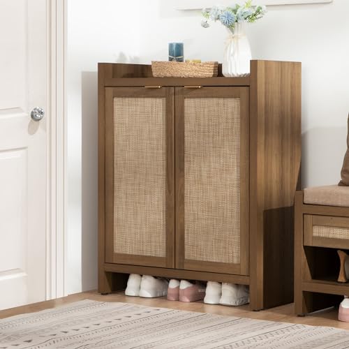 SICOTAS Shoe Cabinet, 24 Pair Shoe Storage Organizer Cabinet, Rattan Doors | 41" Tall Rattan Shoe Cabinet with Doors and Shelves, 6-Tier Farmhouse Boho Wooden Storage Cabinet for Entryway Hallway Closet - color: Reclaimed Caramel Oak, size: 1 Piece