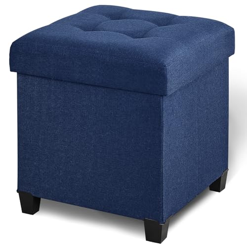 Ottoman with Storage, Square Storage Ottoman for Dorm, Linen Ottomans with Legs for Living Room, Bedroom, 17.7" D x 17.7" W x 19.9" H, Blue - color: Blue, size: 17.7"D x 17.7"W x 19.9"H