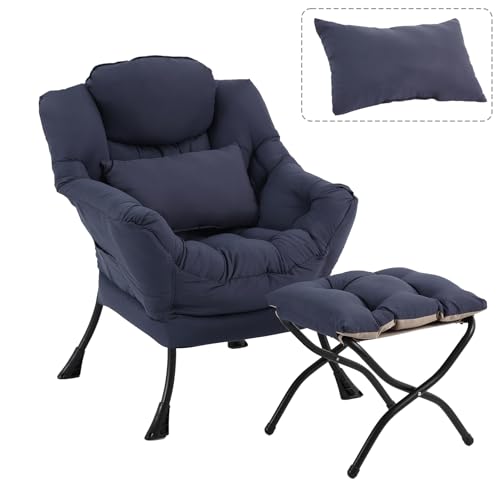 Lazy Chair with Ottoman, Reading Chair with Lumbar Pillow，Navy | Comfy Accent Lounge Chair with Pillow & folding Foot Stool, sturdy metal frame for bedroom, dorm or apartment, Living Room - color: Navy Blue