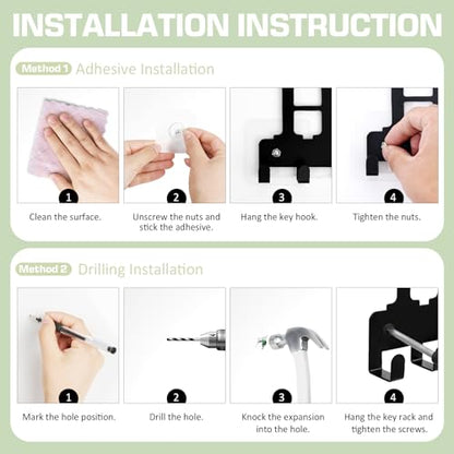 Key Holder Wall Mount, Adhesive Key Hanger with 10 Hooks, Black | Metal Material, 2 Mount Options, Compact Design, Cute Wall Decoration, Suit for Entryway, Doorway, Hallway, RV, Garage - style: 10 Hooks
