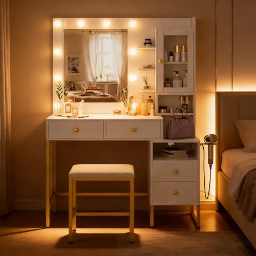 Vanity Desk with Mirror and LED Lights & Power Outlet | Large Makeup Vanity Table with 5 Drawers and 4 Storage Cabinets, White Dressing Table for Bedroom - size: 004 White