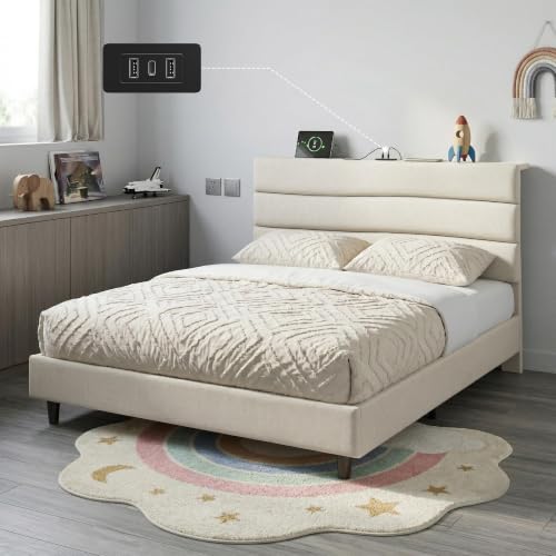 EnHomee Twin Bed Frames with Upholstered Headboard & Charging Station | Adjustable height, Wave design, 2 USB & 1 Type-C ports, Under-bed storage, Noise-free, No box spring needed, Beige - color: Beige, size: Twin