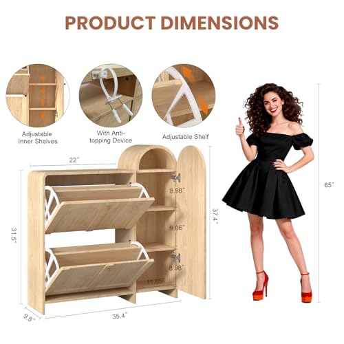 Arched Cabinet with Doors-Shoe Cabinet,Hidden Shoe Rack,Shoe Stand for Entryway Compact Shoe Storage in Oak Finishes,Mid-Century Style for Entryway - color: Oak, size: 35.43"D x 9.8"W x 37.4"H（Arched）