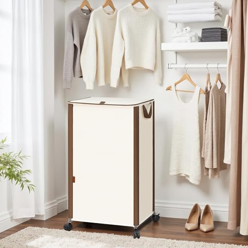 STORAGE MANIAC Rolling Laundry Hamper with Lid, 23.7 Gal (90 L) Large Tall Laundry Basket with Wheels & Handles, Aesthetic Dirty Clothes Hamper for Small Space, Dorm, Apartment, College, Beige - color: Beige