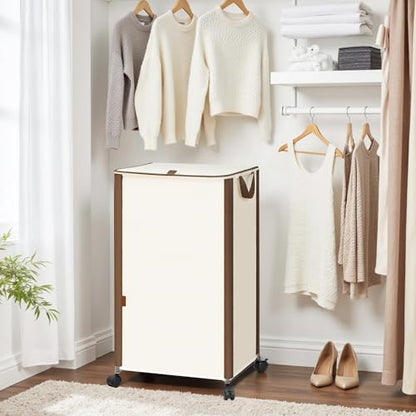 STORAGE MANIAC Rolling Laundry Hamper with Lid, 23.7 Gal (90 L) Large Tall Laundry Basket with Wheels & Handles, Aesthetic Dirty Clothes Hamper for Small Space, Dorm, Apartment, College, Beige - color: Beige