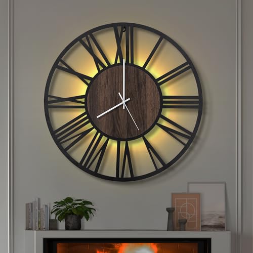 LEIKE Large LED Wall Clocks,Silent,Non Ticking,Battery Operated Rustic Round Modern Big Wood Wall Clock for Living Room, Bedroom,Kitchen,Farmhouse,Office,Home Decor -20" Black,LED,Roman Number - color: Led-black Wood-roman Number, size: 20 IN