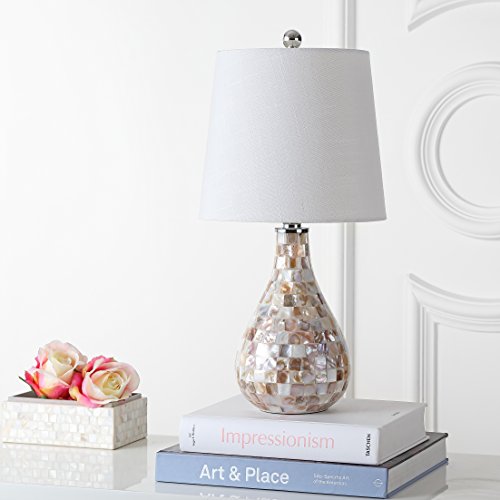 JONATHAN Y Mona Coastal Mini LED Table Lamp 20.5" Bedside, Seashell | White Linen Drum Shade, Mother Of Pearl Resin Body, On-Off Rotary Switch, LED Bulb Included - color: Seashell