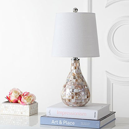 JONATHAN Y Mona Coastal Mini LED Table Lamp 20.5" Bedside, Seashell | White Linen Drum Shade, Mother Of Pearl Resin Body, On-Off Rotary Switch, LED Bulb Included - color: Seashell