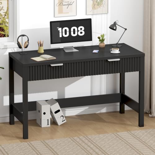 47 Inch Small Fluted Computer Desk with 2 Drawers for Bedroom, Home Office | Small Computer Desk with Storage, Compact Writing Study Vanity Desk for Small Spaces, Black - color: Black, size: 47-Inch Desk