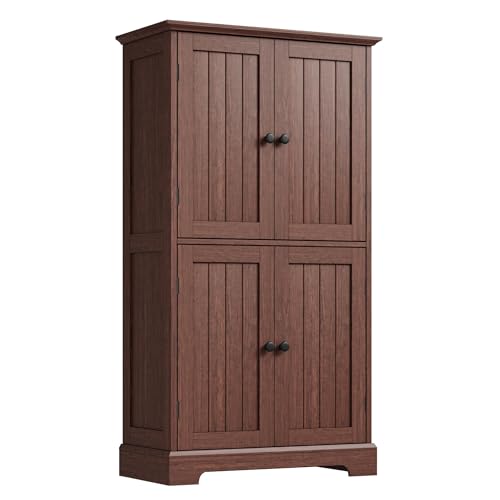 ChooChoo Bathroom Floor Cabinet with Adjustable Shelves | Bathroom Storage Cabinet, 4 Doors, Freestanding Cupboard for Living Room, Kitchen Pantry, Walnut - color: Walnut, size: 11.81"D x 23.62"W x 43.31"H