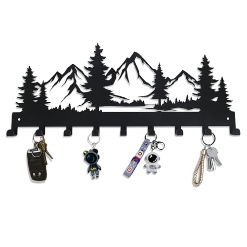 Metal Key Holder, Wall Mounted Key Hooks, Key Holder for Wall, Key Organizer Rack with 9 Hooks, Key Hanger Decor for Kitchen, Entryway, Hallway, Bedroom, Doorway (Mountain 14IN) - color: Mountain, size: 14 Inch