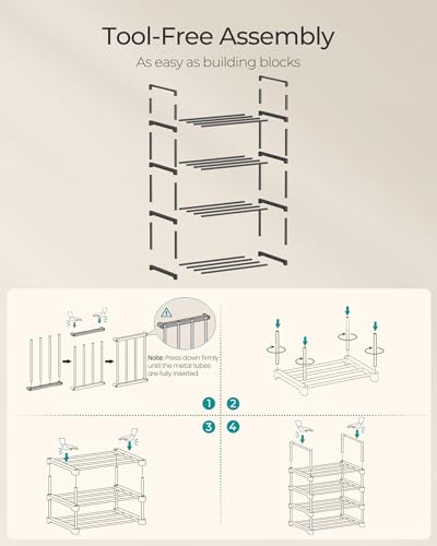 SONGMICS 신발장, 4단 신발 정리함, 금속 보관 선반, 수직 또는 거꾸로, 5-10쌍, 쌓을 수 있음, 입구용, 29.5 x 41.9 x 71.1cm(11.8 x 16.7 x 28.2인치), 블랙 ULSA004B01 - color: 블랙., size: 4 Tiers (16.7"W)
