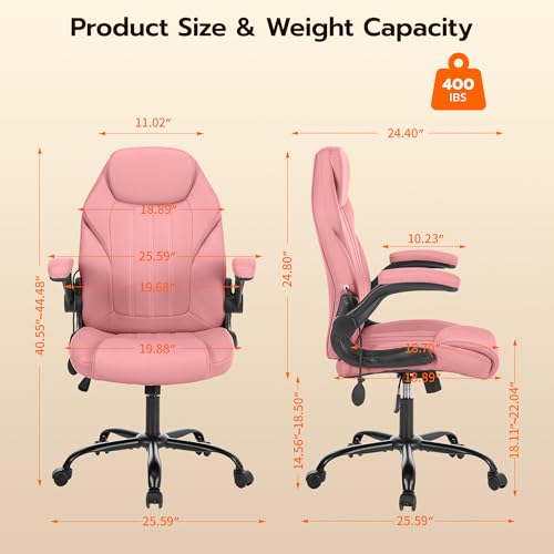 Ylzyxal Office Desk Chair, Ergonomic Computer Chair with Padded Flip-Up Arms and Adjustable Lumbar Support, PU Leather Executive Chair with Tilt Lock and 360° Swivel Rolling Wheels for Work, Study - color: Pink