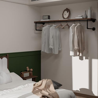 Clothes Rack 60in, Wall Mounted Garment Racks with Real Walnut Wood Shelf, Heavy Duty Hanging Clothes Rack, Multi-Purpose Hanging Rod, Space-Saving Closet Storage - color: Walnut, size: 1T60IN