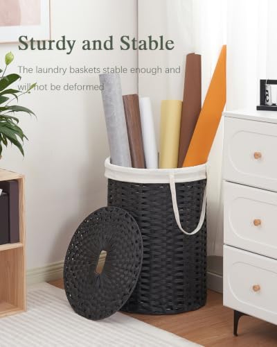 SETVSON Laundry Basket with Lid Round 29.1 Gal PE Rattan, Black | Family Clothes & Blanket Trunk with Lid, Removable Liner Bag with Handles, 2 Mesh Wash Bags, Collapsible Steel Frame - color: Black, size: 110 L