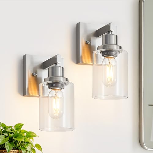Bathroom Wall Sconces Set of 2,Brushed Nickel Wall Sconce,Vanity Light with Clear Glass Wall Mounted Light Fixture,Farmhouse Wall Lamp for Bedroom Living Room Mirror Hallway - color: Nickel, size: 1-light(2pcs)